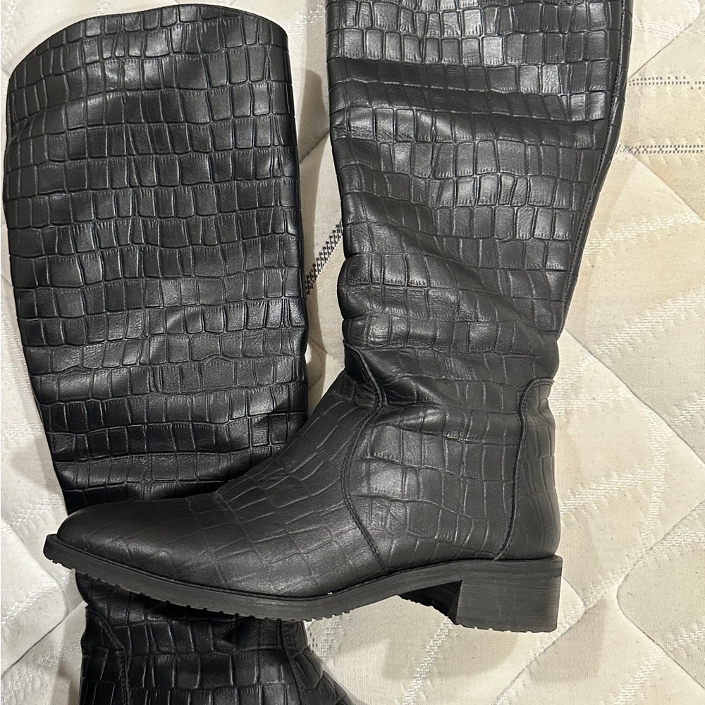 Black Croc-Embossed Knee-High Boots